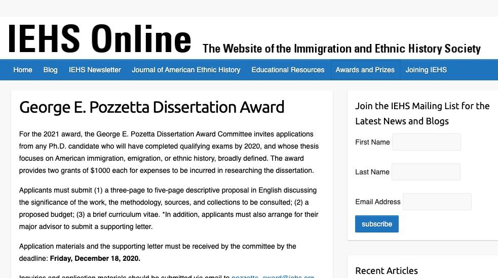 george e pozzetta dissertation award